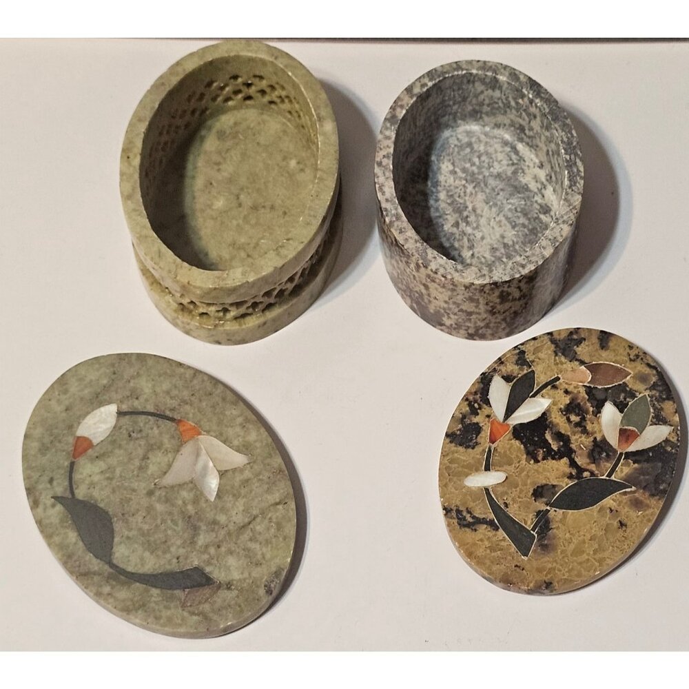 Vtg Soap Stone Oval Trinket Jewelry Boxes w Inlaid Mother of Pearl Floral Motifs